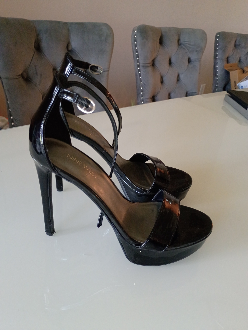 Nine West Black Patent Platform Ankle-Strap Heels Stiletto Hot Holiday Office